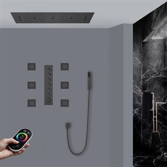 VERONA MATTE BLACK REMOTE CONTROLLED THERMOSTATIC RECESSED CEILING MOUNT MUSICAL LED RAINFALL WATERFALL SHOWER SYSTEM WITH JETTED BODY SPRAYS AND HAND SHOWER